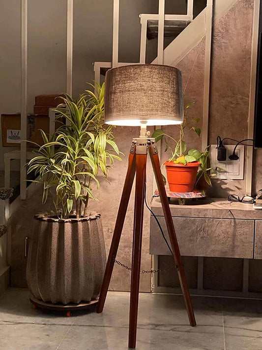 Premium Birch Plywood Brown Floor Lamp with Shelf (Jute Shade)