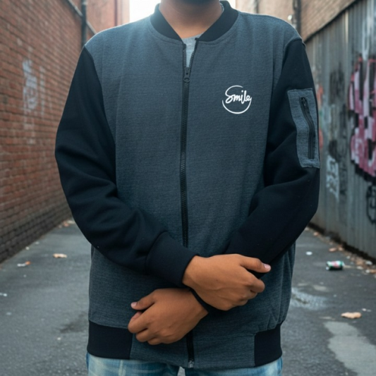 Charcoal Grey “smile” Printed Zipper Jacket For Men & Boys