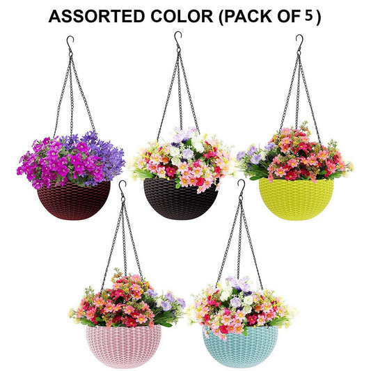 Pack of 5 Go Hooked Multicolor Round Rattan Woven Plastic Flower Hanging Planter (Multicolored)