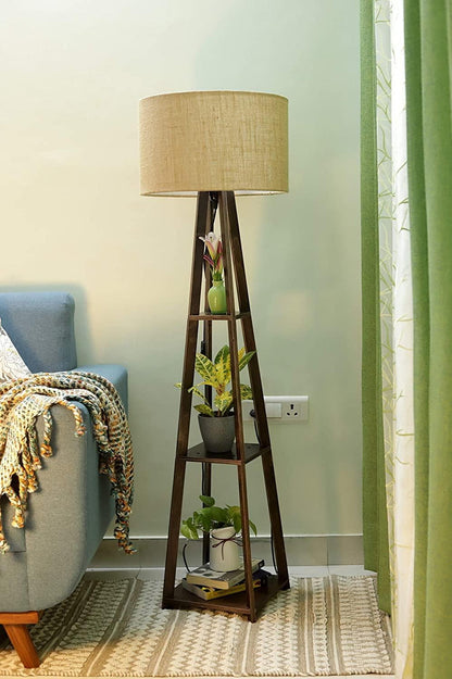 Premium Birch Plywood Brown Floor Lamp with Shelf (Jute Shade)