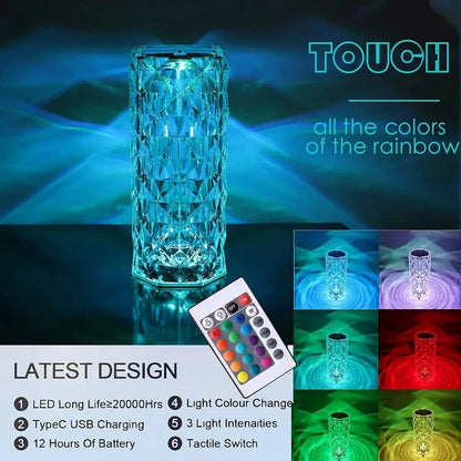 Crystal Diamond Table Lamp with Remote, 16 Color Changing Touch Lamp USB Rechargeable.