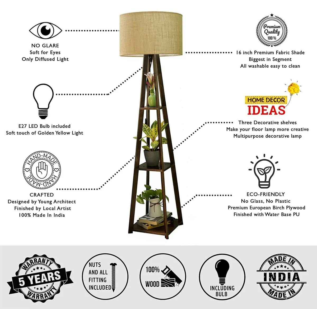 Premium Birch Plywood Brown Floor Lamp with Shelf (Jute Shade)