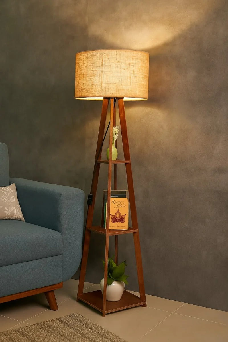 Premium Birch Plywood Brown Floor Lamp with Shelf (Jute Shade)