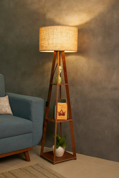 Premium Birch Plywood Brown Floor Lamp with Shelf (Jute Shade)